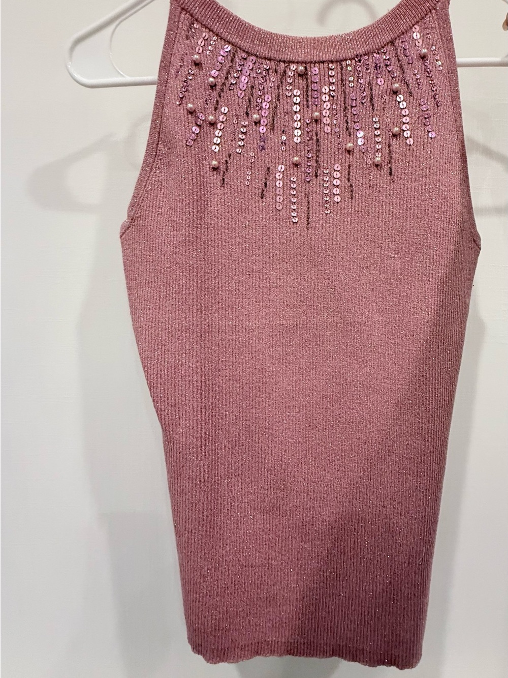 Cache Mauve Sequin-Embellished Knit Pencil Top